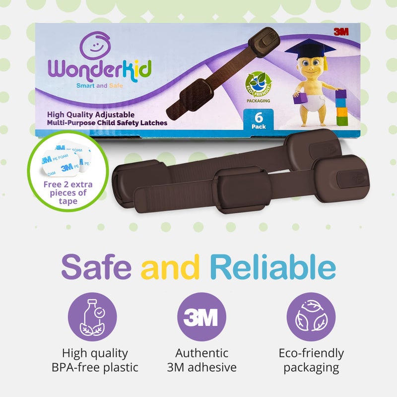 WONDERKID Adjustable & Reusable Child Safety Cabinet Locks & Latches, Baby Proofing Door Window, Cabinet, Toilet, & Refrigerator Lock, Child Safety Strap Locks with Adhesive Pads, Pack of 6, Brown - Wonderkid - Image 2